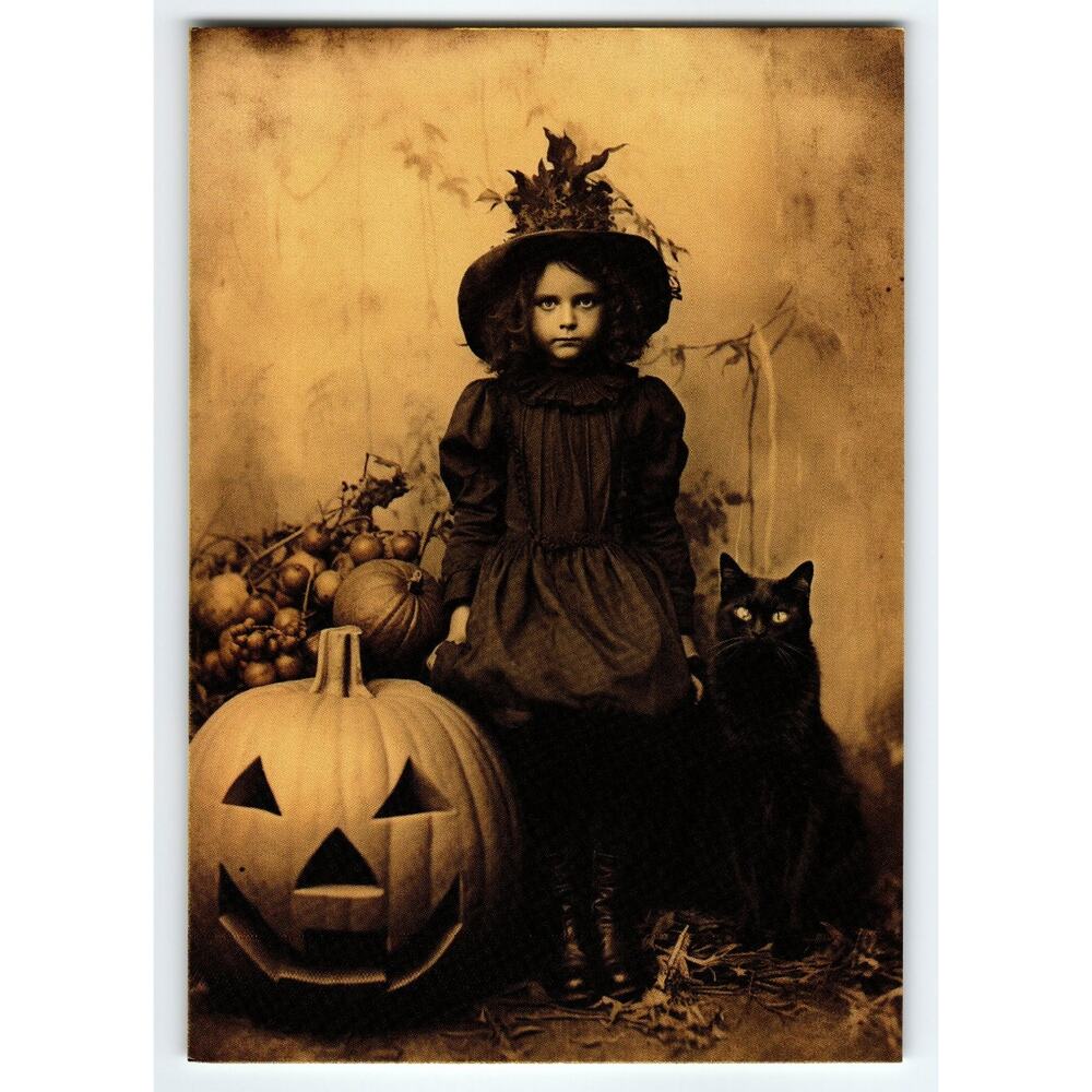 Vintage Halloween Postcard Sepia Photo Girl Witch Black Cat Pumpkin Goth